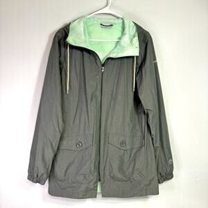 Columbia Gray and Mint Zip-Up Hooded Windbreaker Rain Jacket Size Large OO0789